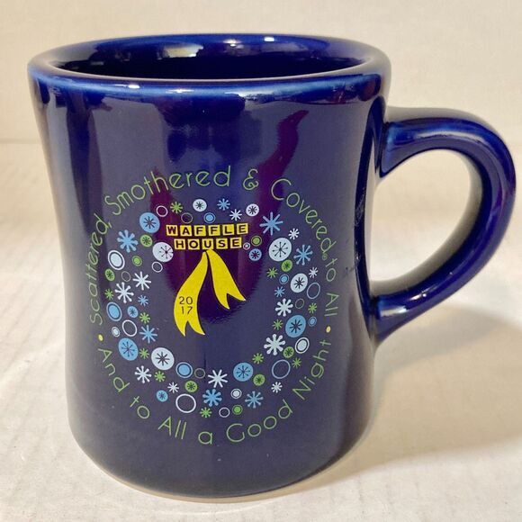 Cobalt Blue Ceramic Waffle House Christmas Coffee Mug Cup 2017 Snowflakes Tuxton - Picture 2 of 9